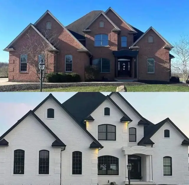 Before and after of a brick home exterior, red brick on top and painted white brick with black trim below